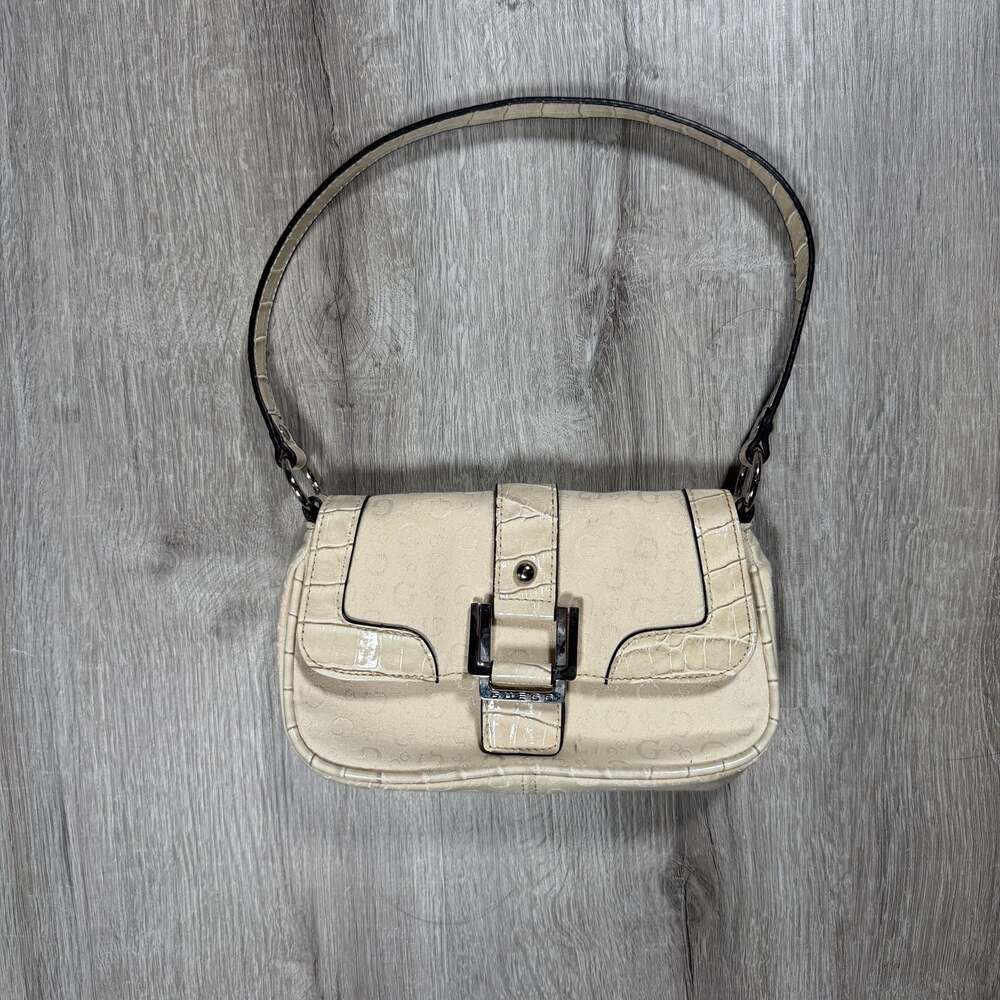 GUESS Cream Monogram Shoulder Bag with Croc-Embossed Trim and Buckle Detail